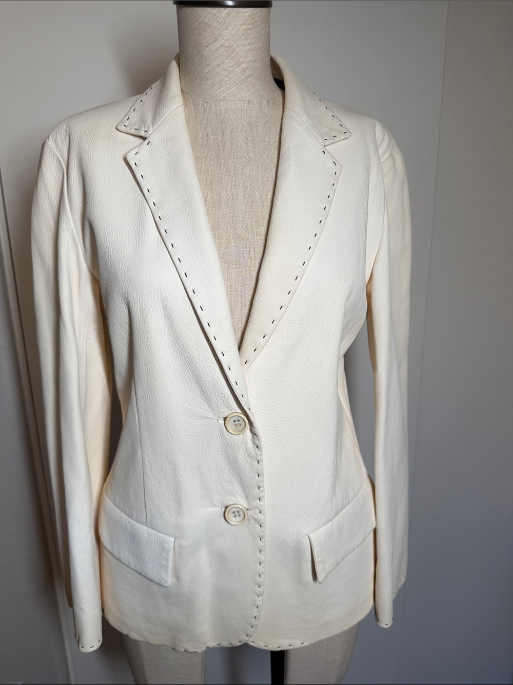 Jil Sander Tailored Cream Leather Jacket with Brown Stitching 38/US 6 Preowned